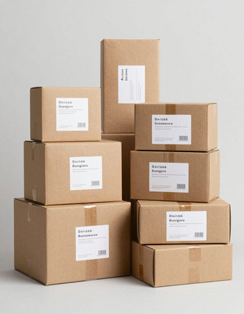 Cardboard boxes stacked in a stack on a gray background
