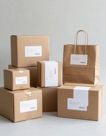 Cardboard boxes with shopping bags on gray background, online shopping conceptの写真素材