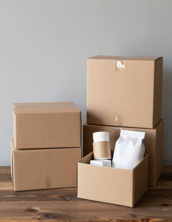 Cardboard boxes and coffee cups on a wooden table against gray background