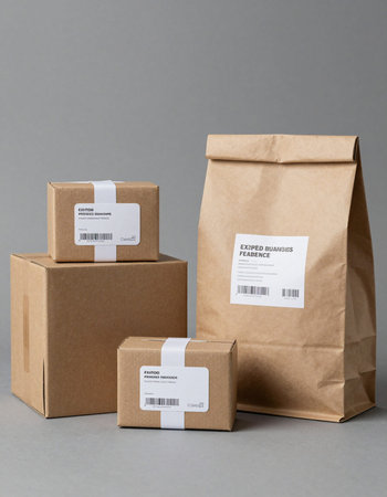 Cardboard boxes and paper bag on grey background.