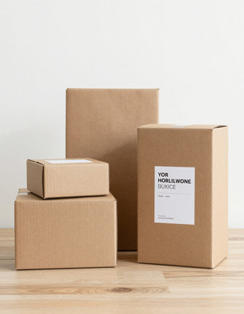 Cardboard boxes on a wooden table and white wall background.