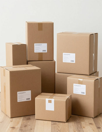 Cardboard boxes on a wooden floor in front of a white wall