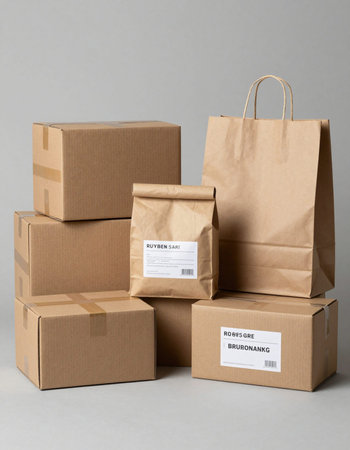 Cardboard boxes and packages on grey background.