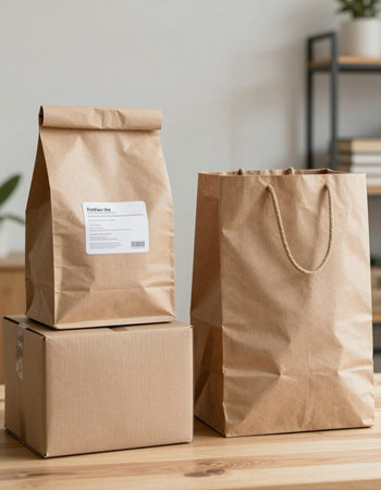 close up view of cardboard boxes and shopping bags on table at home