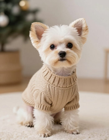 Cute West Highland White Terrier puppy wearing a knitted sweaterの写真素材