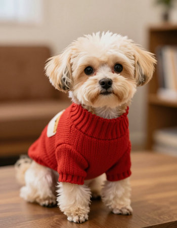 Cute little dog in red sweater sitting on the table at home