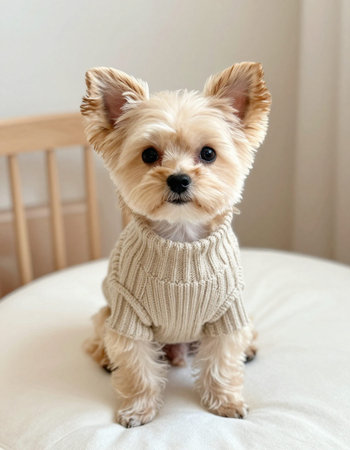 Yorkshire Terrier in a warm sweater sits on the bed.