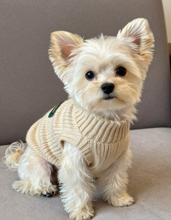 Cute West Highland White Terrier puppy wearing a warm sweater.