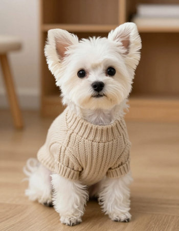Cute West Highland White Terrier puppy wearing a warm sweater.の写真素材