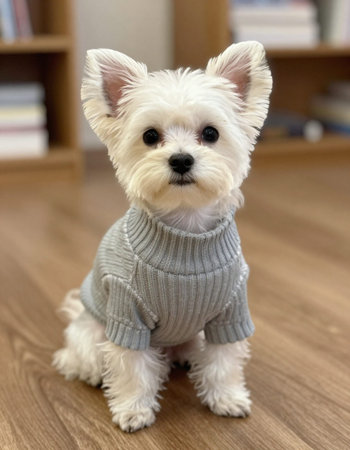 West Highland White Terrier puppy dressed in a knitted sweater.
