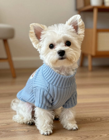 West highland white terrier in a blue knitted sweater.