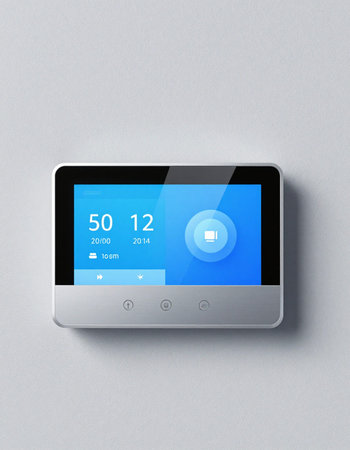 Tablet pc with blue screen on gray background. 3d rendering