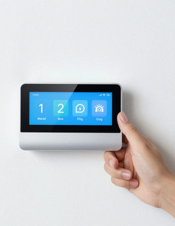 Female hand holding modern digital tablet with icons on screen on white backgroundの写真素材