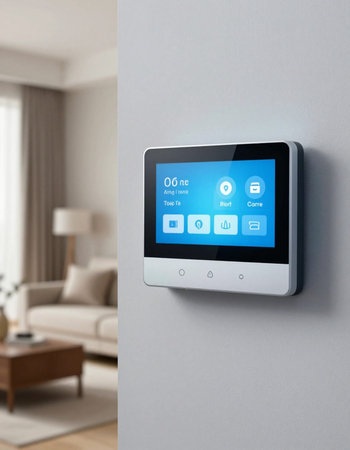 smart home control panel on the wall in the living room. 3d renderingの写真素材