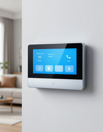 smartphone with smart home app on the wall in the living roomの写真素材