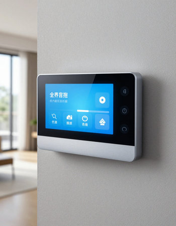 smart home control panel on wall in modern office roomの写真素材