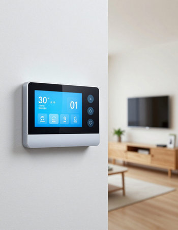 smart home control panel on the wall in the living room. 3d renderingの写真素材