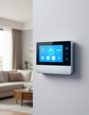 smart home control panel with smart home app on the wall in the living roomの写真素材