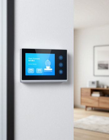smart home control panel on the wall of a modern living room.