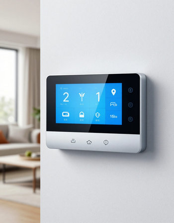 smart home control panel on the wall of a modern living room.の写真素材