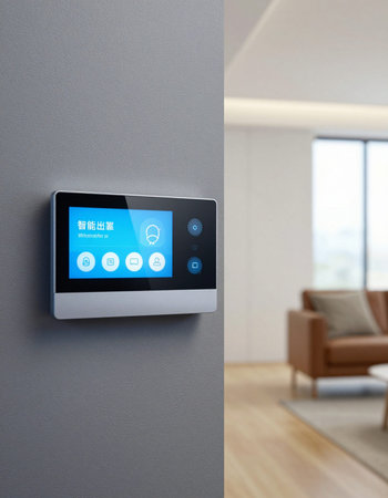 smart home control panel with smart home control system and modern living roomの写真素材