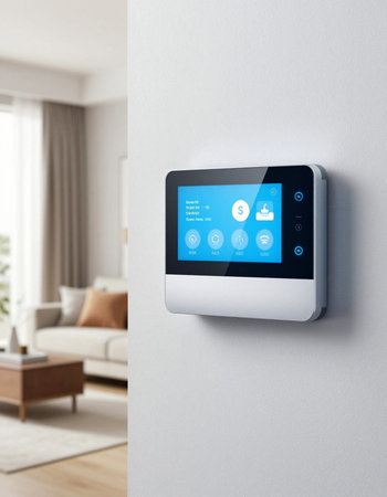 smart home system on the wall with modern living room in the background