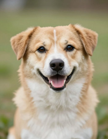 Portrait of a cute dog looking at the camera with a smileの写真素材