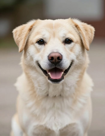 Portrait of a cute golden retriever dog looking at the cameraの写真素材