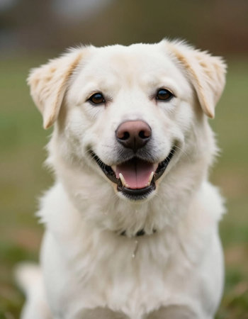 Portrait of a cute white labrador retriever in the park