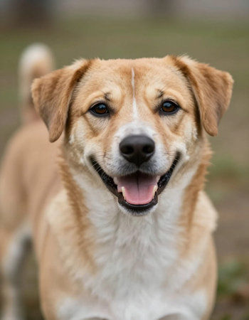 Portrait of a cute mixed breed dog in the park. Selective focus.の写真素材