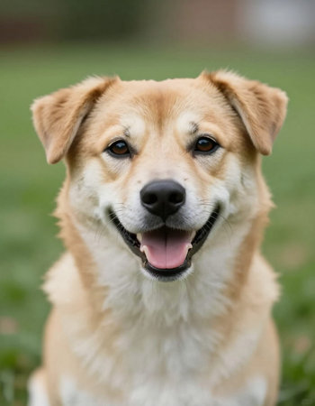 Portrait of an adorable mixed breed dog sitting on the grass.の写真素材