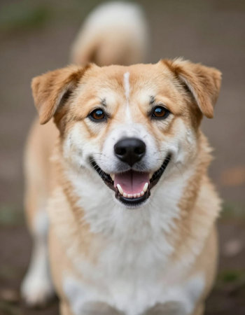 Portrait of a mixed breed dog in a park. Shallow depth of field.の写真素材