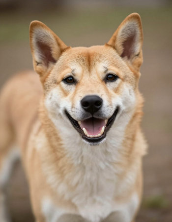 Portrait of a happy shiba inu dog looking at cameraの写真素材