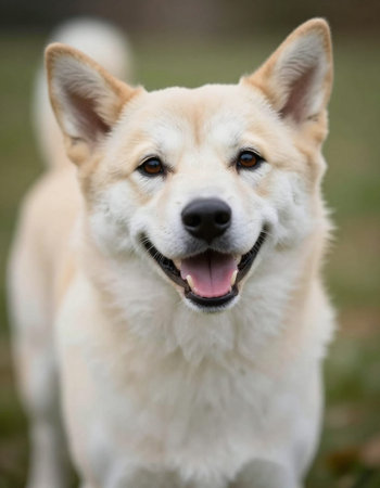 Close up portrait of a happy akita inu dog in the parkの写真素材