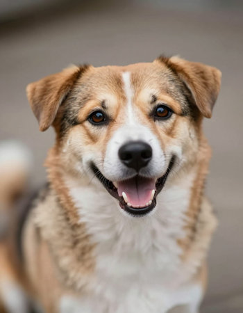 Portrait of a cute mixed breed dog. Selective focus.の写真素材