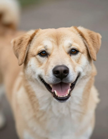 Close up portrait of a golden retriever dog looking at the camera