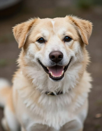 Portrait of a cute golden retriever dog in the park.の写真素材