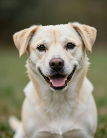 Labrador Retriever sitting in the grass looking at the camera