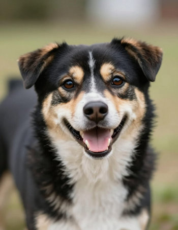 Portrait of a cute mixed breed dog looking at the camera.の写真素材
