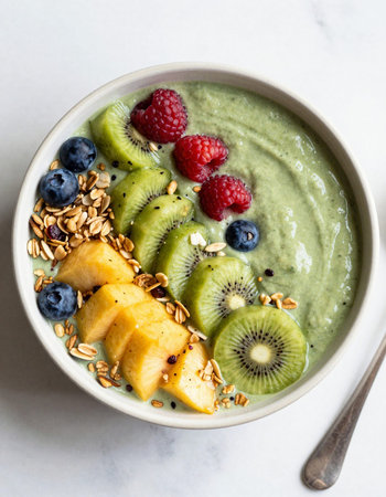 Green smoothie bowl with banana, kiwi, blueberry and granola. Healthy food concept.