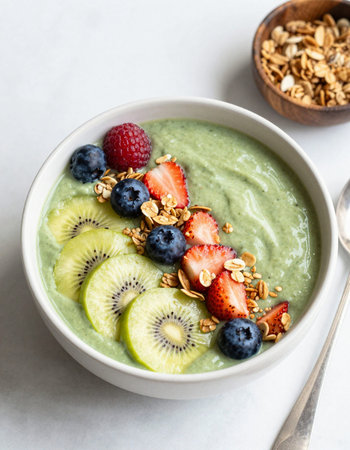 Green smoothie bowl with granola, fresh berries and yogurt.