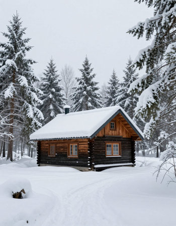 Wooden house in the winter forest. Winter landscape with snow.