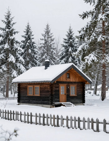 Wooden house in the forest. Winter landscape in the forest.