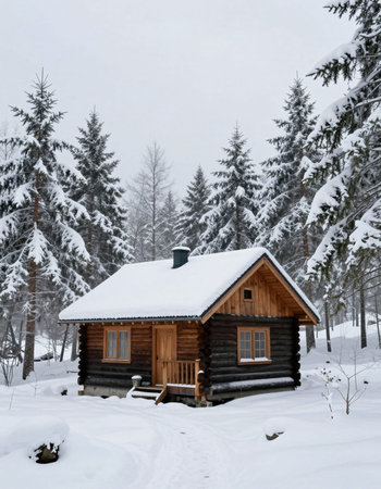 Wooden house in the winter forest. Cottage in the woods.の写真素材