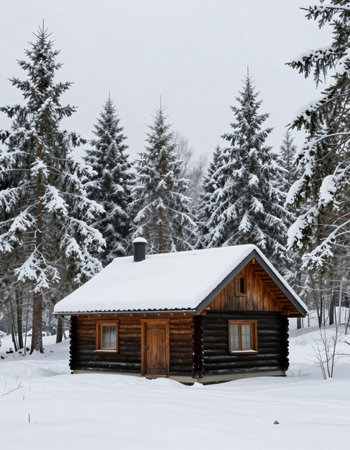 Wooden house in the winter forest, Russia, Kareliaの写真素材