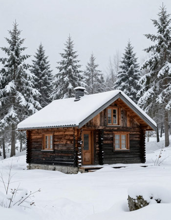 Wooden house in winter forest with snow and fir trees on backgroundの写真素材