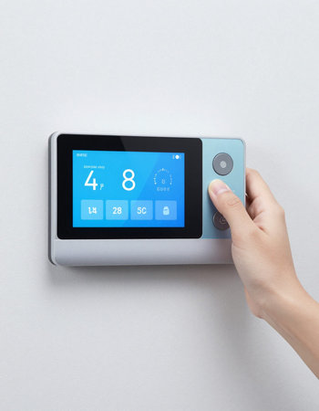 Close-up Of A Person Using Digital Thermostat On White Background