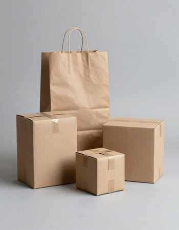 Brown paper bag with cardboard box isolated on gray background. Delivery service concept.