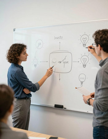 Business people discussing business plan on whiteboard during meeting in creative officeの写真素材