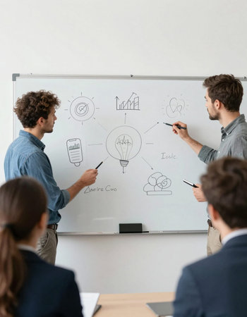 Businessman drawing business strategy on whiteboard in front of his team